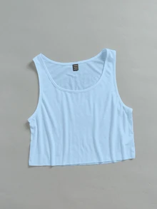 SHEIN EZwear 女款休閒寬鬆短版大U領背心，淺藍色 - 淺藍色 - 查看 6