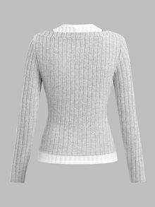 SHEIN Camiseta de manga larga gris con patchwork y acanalado para niña preadolescente - Gris - Ver 2