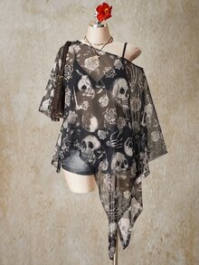 SHEIN ICON 萬聖節骷髏印花大尺碼女款網紗上衣，適合夏季 - 彩色 - 查看 1