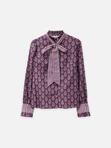 Nöista  Straight-Cut Bowknot Shirt, Retro Floraland Striped Patchwork,  French, Pastoral Charm, Elegance.Practicality, Elegance And Modern.Fall/Winter,. - Multicolor - View 7