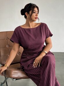 Firerie Plus Size Fashion Commuter Striped Shirt & Pants Suit Set - Red Violet - View 6