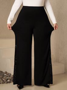 Chikora Plus Size Women's Mesh Patchwork Casual Versatile Daily Wear Long Pants - Black - View 4