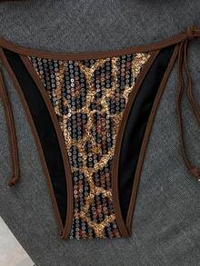 Bonvoyette Women's Sexy Sequin Fabric Halter Bikini Set Suitable For Beach Vacation Party - Brown - View 5