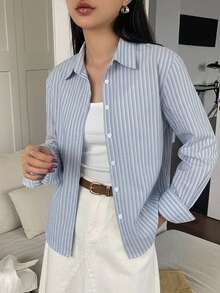 DAZY 女款休閒通勤條紋長袖襯衫 - 藍色 - 查看 3
