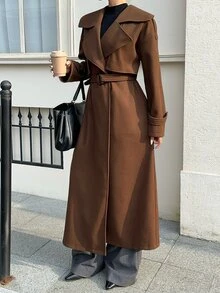 FavEase 2026 Autumn-Winter New Style Women's Tweed Coat With Belt, Buttoned Collar, Elegant For Business, Evening Out, Festive Wear, Basic Long Style Party - Brown - View 6