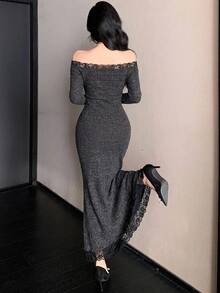 DAZY Women's Square Neck Lace Patchwork Soft Fitted Long Dress Fall - Dark Grey - View 5