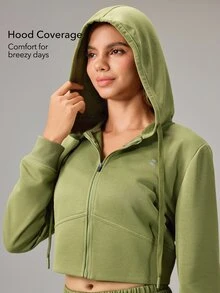 OutZeal Women Sports Jacket Casual Workout Gym Cropped Zip Up Hooded Jacket - Green - View 3