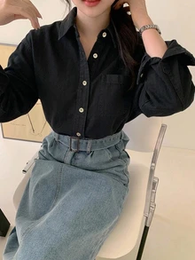DAZY 淺洗藍色領口口袋寬鬆長袖牛仔襯衫，適穿春夏秋 - 黑色 - 查看 4