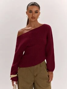 SHEIN BAE 秋冬新款女式時尚百搭優雅時髦純色針織修身抓皺休閒毛衣 - 酒紅色 - 查看 4