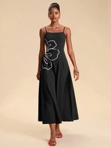 Travachic Floral Embroidered Side Tie Waist Cami Dress For Vacation - Black - View 6