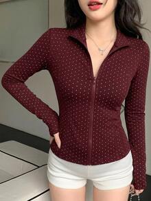 DAZY Spring/Summer Black Polka Dot Outdoor Raglan Sleeve Slim Fit Waist-Cinching Sports Jacket - Burgundy - View 4