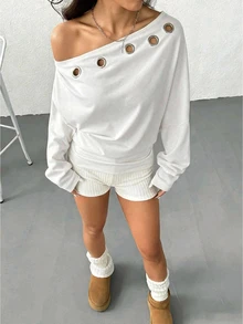 SHEIN EZwear 女款純色不對稱肩部鏤空設計長袖運動衫，休閒極簡主義秋冬款 - 白色 - 查看 4