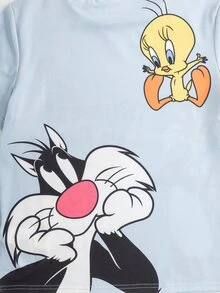 LOONEY TUNES X SHEIN 青少年男孩圓領短袖休閒百搭T恤 - 藍色 - 查看 5
