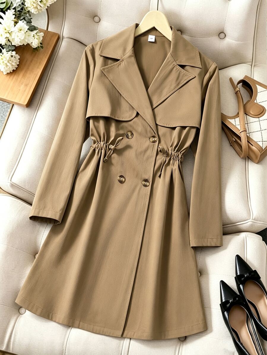 Girls' Mid-Length Classic Double-Breasted Lapel Waist-Cinching Trench Coat, Fall Clothes, Deep Khaki, Spring/Autumn
