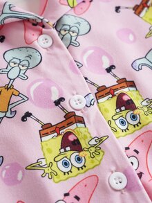 SpongeBob SquarePants | SHEIN 女童卡通印花短袖上衣與短褲居家休閒套裝 - 彩色 - 查看 5