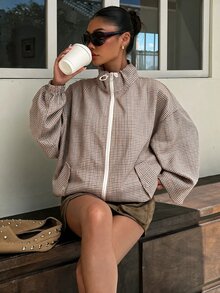 Muchica Women's Plaid Casual Versatile Daily Long Sleeve Jacket - Brown - View 6