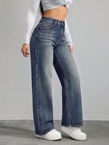 SHEIN PETITE 女款休閒水洗直筒牛仔褲 - 深色水洗藍 - 查看 4
