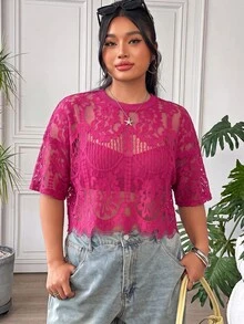Solflare Plus Size Women's Sheer Lace Top In Rose Red - Hot Pink - View 5