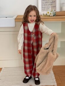 Dazy Kids Young Girls' Plaid Sleeveless Loose Red Autumn/Winter Brushed Fleece Jumpsuit - Brown - View 4