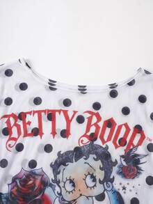 Betty Boop x SHEIN 女款波點印花不對稱單肩寬鬆上衣 - 黑與白 - 查看 6