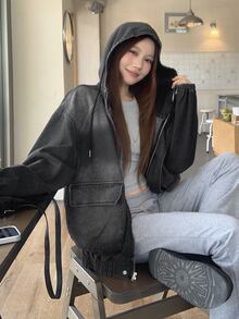 DAZY Women's Hooded Washed Korean Style Loose Girly Streetwear Jacket And Coat Fall - Grey - View 5