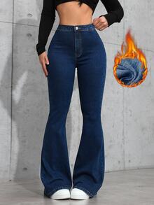 SHEIN ICON 女款鈕扣休閒百搭日常穿著喇叭牛仔褲 - 深色水洗藍 - 查看 7