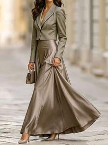 SHEIN Oatmeal Grey Blended Short Blazer + Satin Full Skirt Set, French Style Two Pieces Set, Elegant Two Pieces Set, Old Money Luxury Texture Fabric, Suitable For Commute, Business, Banquet, Date, Vacation - Champagne - View 6