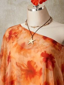 SHEIN ICON 大尺碼女款度假風花卉印花不對稱領蝙蝠袖寬鬆網紗上衣 - 彩色 - 查看 6