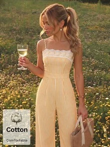 SHEIN MOD 女款條紋蕾絲拼接休閒日常細肩帶連身褲 - 黃色 - 查看 3