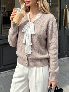 SHEIN PariChic Autumn/Winter Fashion Floral Lace Trim Round Neck Cardigan Long Sleeve Sweater - Khaki - View 1