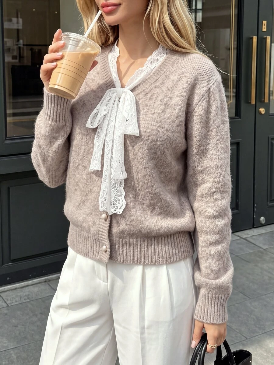 SHEIN PariChic Autumn/Winter Fashion Floral Lace Trim Round Neck Cardigan Long Sleeve Sweater - Khaki - View 1