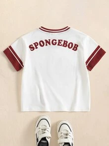 SpongeBob SquarePants | SHEIN Young Boy Striped V-Neck Short Sleeve Casual T-Shirt - White - View 2