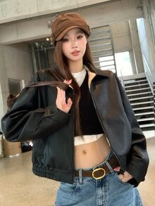 DAZY 春季新款磨損皮革短版外套 情人節女款休閒夾克 秋季外衣 - 黑色 - 查看 5