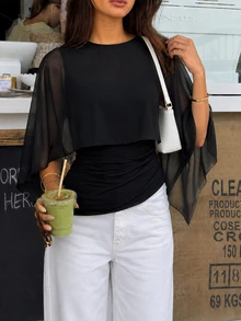 Ritzy Row Women's Solid Color Round Neck Asymmetric Design Fashion Elegant Top - Black - View 1
