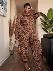 Slaydiva Jumpsuit Wanita Ukuran Besar Model Baru Musim Gugur/Dingin Lengan Panjang Longgar dengan Bagian Depan Setengah Terbuka, Pinggang Elastis, dan Potongan Kaki Meruncing, Motif Leopard - A - Coklat - View 6
