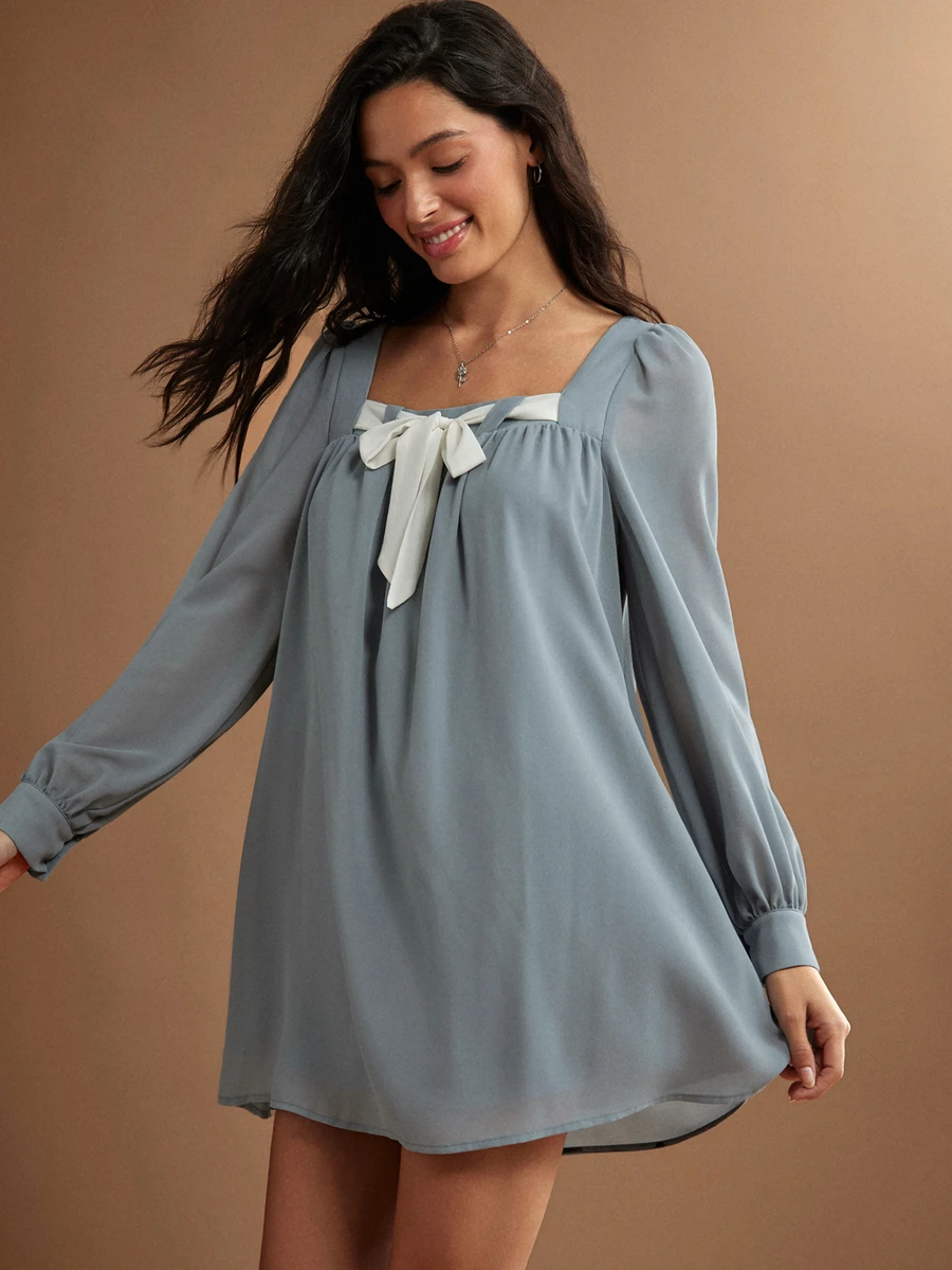 WESTFADE Bow Front Long Sleeve Babydoll Mini Dress, Fall Winter 2026 Western Style Cowgirl Clothing, Rodeo, Female Country Look, Autumn, Festival, Church - Dusty Blue - View 1