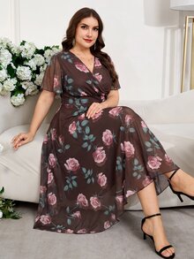 Reflora 大尺碼女款洋裝 夏季女裝 優雅洋裝 辦公室洋裝 網紗洋裝 彈性洋裝 短袖洋裝 長洋裝 - 棕色 - 查看 1