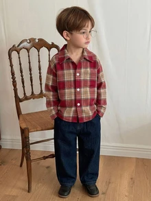 Dazy Kids Young Boy Plaid Long Sleeve Single-Breasted Casual Shirt Fall - Red - View 7