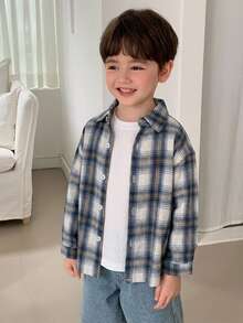 DAZY Young Boys Plaid New Loose Fit Long Sleeve Shirt Top, Autumn Basic Casual Style - Blue - View 8