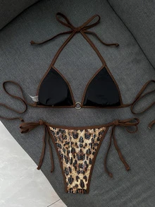 Bonvoyette Women's Sexy Sequin Fabric Halter Bikini Set Suitable For Beach Vacation Party - Brown - View 2