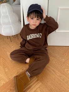 Dazy Kids Young Boy Coffee-Colored Knit Letter Print Sweatshirt And Sweatpants Set Hoodies - Coffee Brown - View 1