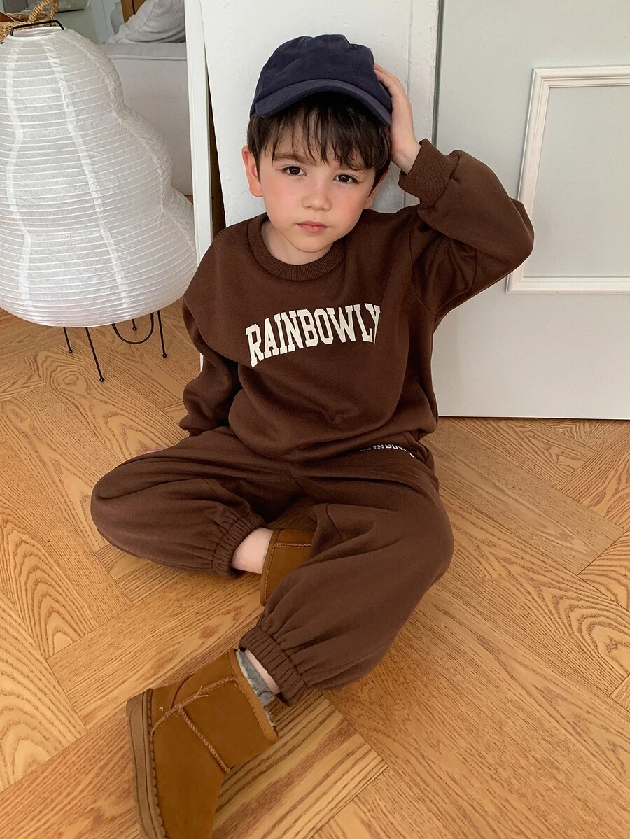 Dazy Kids Young Boy Coffee-Colored Knit Letter Print Sweatshirt And Sweatpants Set Hoodies - Coffee Brown - View 1