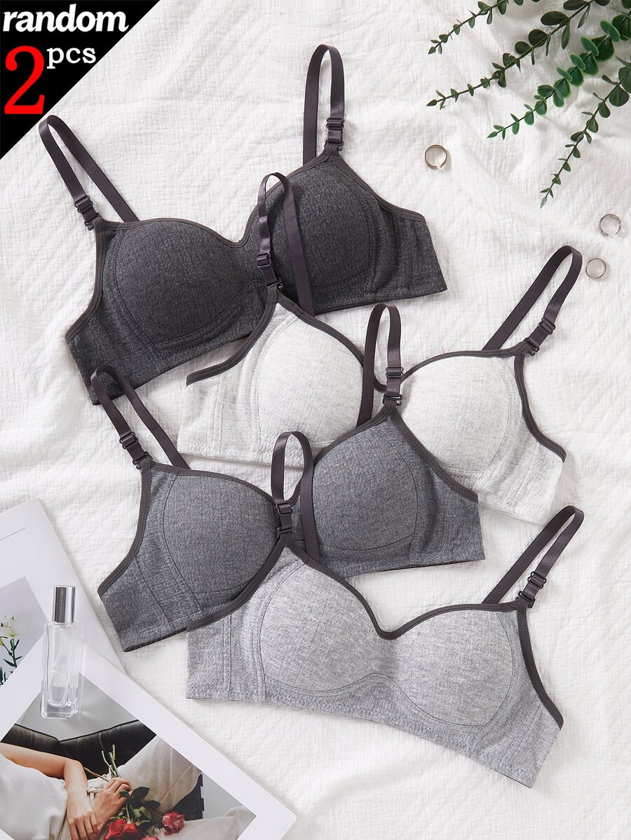 Randomly Ships 2 Of 4 Minimalist Grey Push-Up Wireless Anti-Sagging Thin Bra For Student Girls And Teenagers - Multicolor - View 1