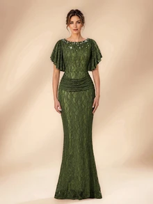 Serin Elegant Olive Green Lace Pearl Rhinestone Beaded Boat Neck Ruffle Ruched Bodycon Mermaid Train Mother Of The Bride Wedding Guest Summer Evening Gown - Olive Green - View 3