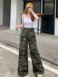 Dazy Tall Women's Camouflage Print Button Street Casual Denim Jeans Summer Everyday Going Out Forest Green - Army Green - View 4