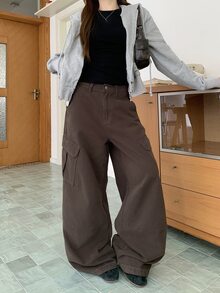 DAZY Women's Cargo Pocket Wide Leg Loose Casual Denim Jeans Fall - Olive Green - View 6
