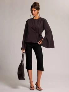 SHEIN BAE Jaket Lengan Panjang Wanita Warna Polos Kasual Elegan Serbaguna untuk Sehari-hari, Kantor, Cokelat Tua, Musim Gugur - Red Violet - View 1