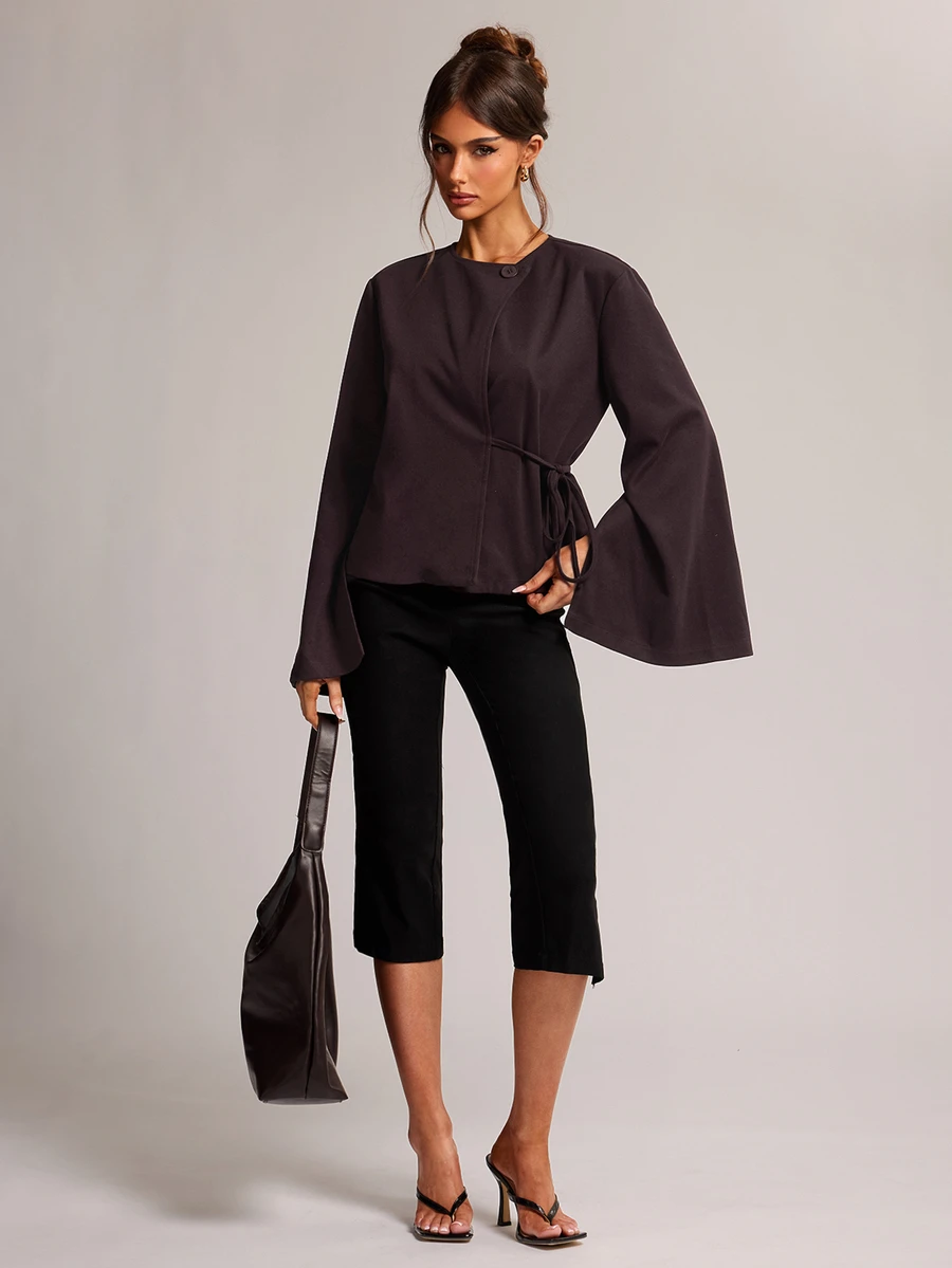 SHEIN BAE Jaket Lengan Panjang Wanita Warna Polos Kasual Elegan Serbaguna untuk Sehari-hari, Kantor, Cokelat Tua, Musim Gugur - Red Violet - View 1