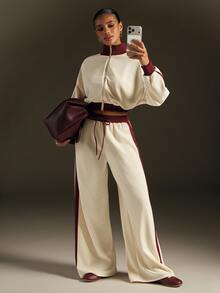 Hauture Women's 2 Pieces Colorblock Mock Neck Cropped Sweatshirt And Wide Leg Striped Sweatpants Set, Sportswear Outfit, Relaxed Loose Fit - Apricot - View 3