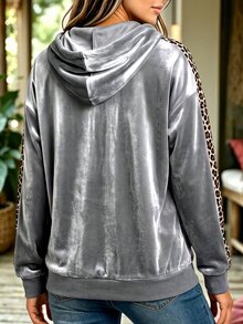 Linhara CURVE Women's Plus Size Leopard Print Patchwork Hooded Sweatshirt, Casual/Commute/College Style, Long Sleeve Sweatshirt For Autumn/Winter - Silver - View 2